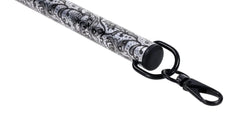 Opposite end close-up of the lace spreader bar showing matching black D-ring and lobster clasp