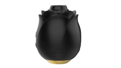 Opposite side of black rose suction stimulator with Fifty Shades of Grey branding embossed on silicone