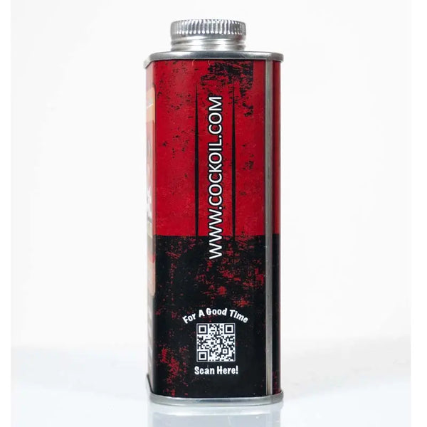 Opposite side of Cock Oil metal can displaying website URL and QR code on bold two-tone label