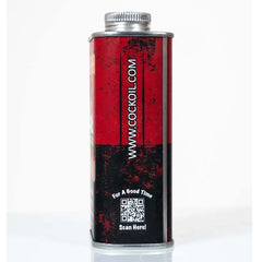Opposite side of Cock Oil metal can displaying website URL and QR code on bold two-tone label