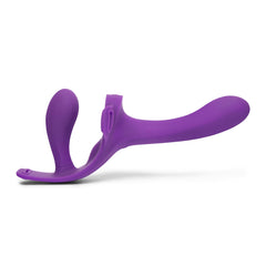 Opposite side of purple silicone dual-ended dildo highlighting smooth matte finish and ergonomic curves