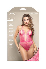 Opulence packaging third view showing full-length hot pink lace crotchless teddy on retail card