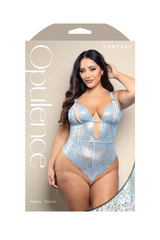 Opulence Pearl Teddy plus size packaging showing light blue lace teddy, front of box