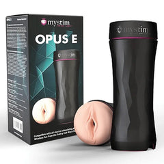 Opus E masturbator with retail box showing compatibility with electro-stimulating devices