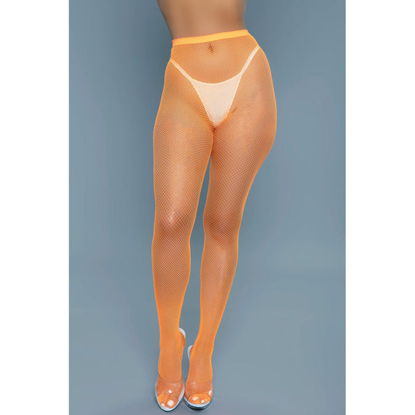 Orange fishnet pantyhose front-on view showing sheer diamond-pattern mesh and fitted silhouette