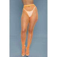 Orange fishnet pantyhose front-on view showing sheer diamond-pattern mesh and fitted silhouette