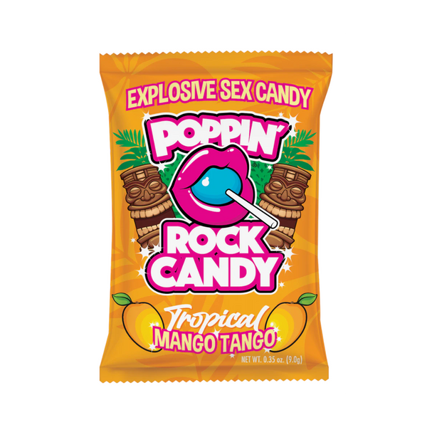 Orange Poppin' Rock Candy Tropical Mango Tango flavour pouch with mango fruit graphics