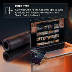 Orbit stroker beside laptop and phone showing KooSync app video sync connection setup