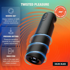 Orbit stroker with blue rotation indicator rings showing bidirectional 360-degree spin capability