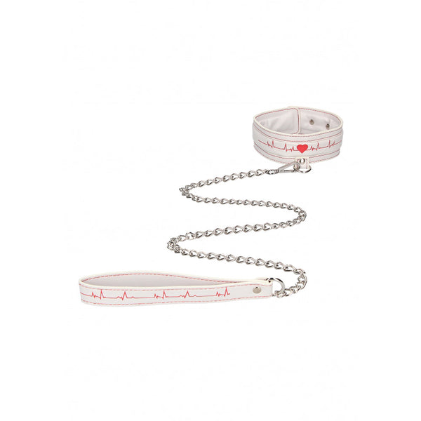 Ouch! nurse-themed white PU leather collar and chain leash set with red heartbeat print
