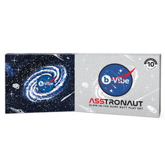 Outer sleeve and inner box of b-Vibe Asstronaut limited-edition glow-in-the-dark butt play set