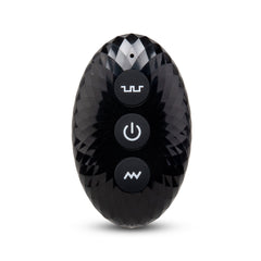 Oval black wireless remote control with three buttons for vibration and power