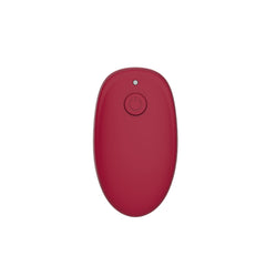 Oval burgundy wireless remote control with power button and LED indicator light