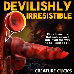 Overhead angle of Horny Devil suction cup base with dildo laid flat showing mounting function