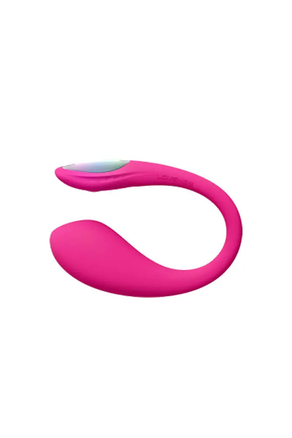 Overhead angle of Lovense Lush Mini curved pink silicone wearable vibrator with illuminated LED