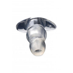 Overhead close-up of Clear View Hollow Anal Plug Medium revealing open hollow center channel