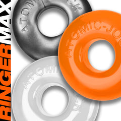 Overhead flat lay of Ringer Max 3-pack in steel, orange, and clear showing relative size and ring profile