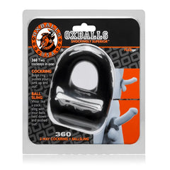 Oxballs 360 2-way cockring and ball sling in black TPR, shown in retail blister pack