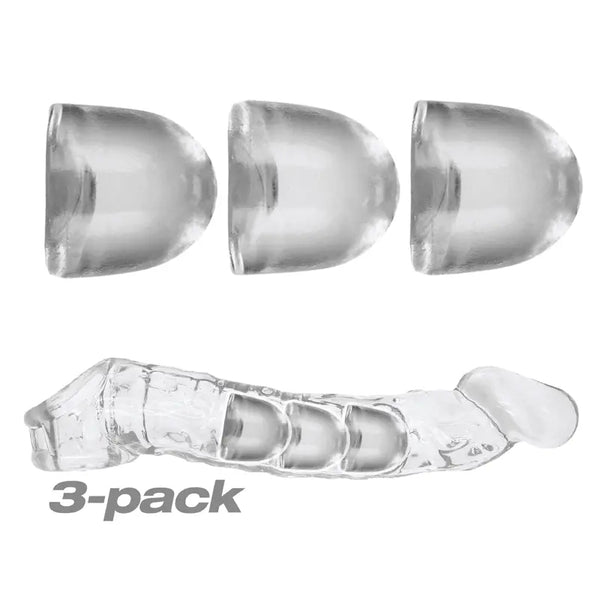 Oxballs AdjustFit Cocksheath Inserts 3-pack in clear with a compatible sheath shown below