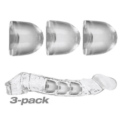 Oxballs AdjustFit Cocksheath Inserts 3-pack in clear with a compatible sheath shown below