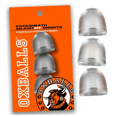 Oxballs AdjustFit Inserts orange retail packaging beside three clear bullet-shaped inserts