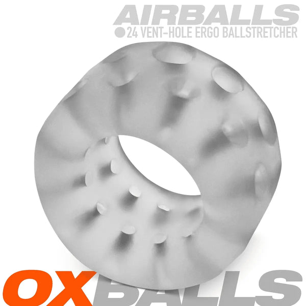 Oxballs Airballs 24 vent-hole ergo ballstretcher in clear silicone, angled three-quarter view