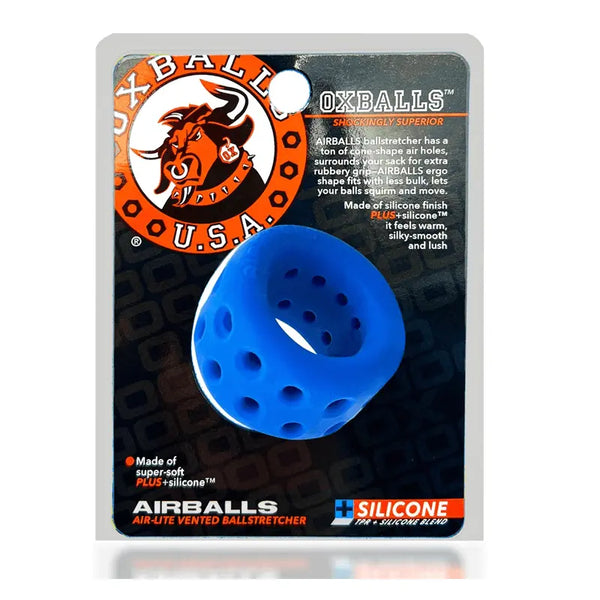 Oxballs Airballs blue silicone ball stretcher in retail packaging with product details