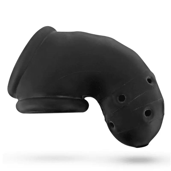 Oxballs Airlock black silicone chastity cage, front view showing curved ventilated design