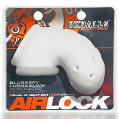 Oxballs Airlock chastity cage in retail packaging highlighting blubbery lush silicone plus material