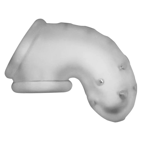 Oxballs Airlock clear ice chastity cage shown from front in soft frosted silicone blend