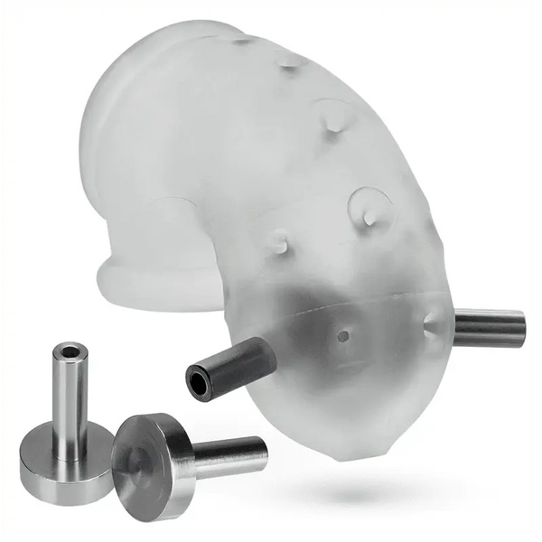 Oxballs Airlock Electro chastity cage in clear silicone blend with two stainless steel 4mm contact pins