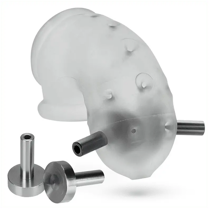 Oxballs Airlock Electro chastity cage in clear silicone blend with two stainless steel 4mm contact pins