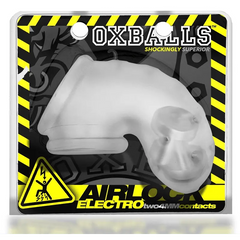 Oxballs Airlock Electro chastity cage shown in retail blister packaging with yellow warning-style branding
