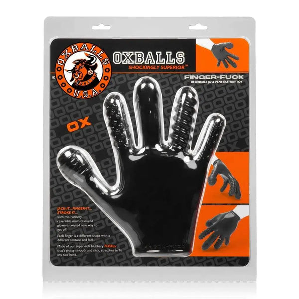 OxBalls Finger Fuck Glove in black shown in retail packaging with multi-textured finger details