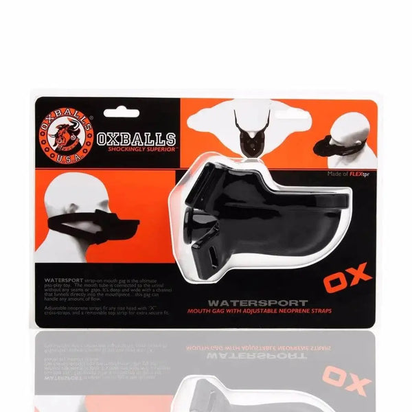 OxBalls WaterSport strap-on mouth gag in black, shown in retail packaging with product details