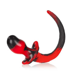 Oxballs Beagle medium butt plug with long curling tail, red swirl, side profile scale view