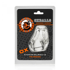 Oxballs Cocksling-2 in clear TPR showing tri-loop construction, blister pack front