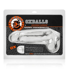 Oxballs Daddy Cocksheath retail packaging showing product details and clear sheath