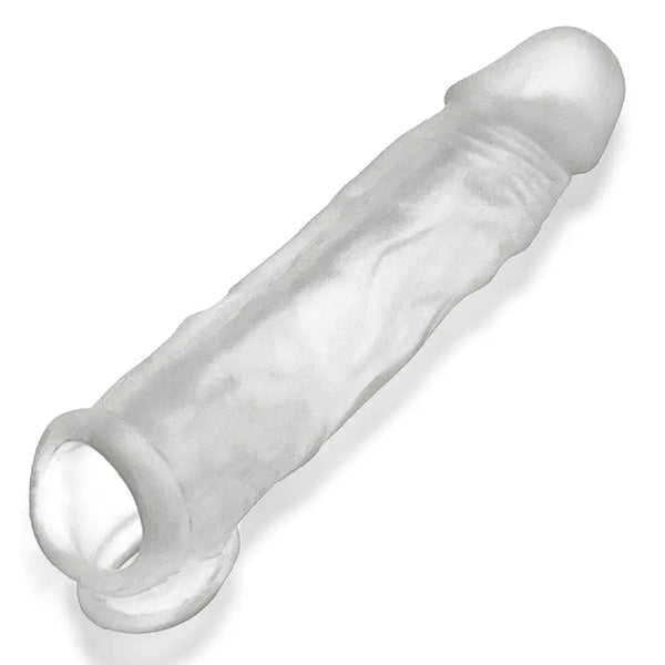 Oxballs Dicker clear silicone penis extender sleeve, angled front view showing realistic texture