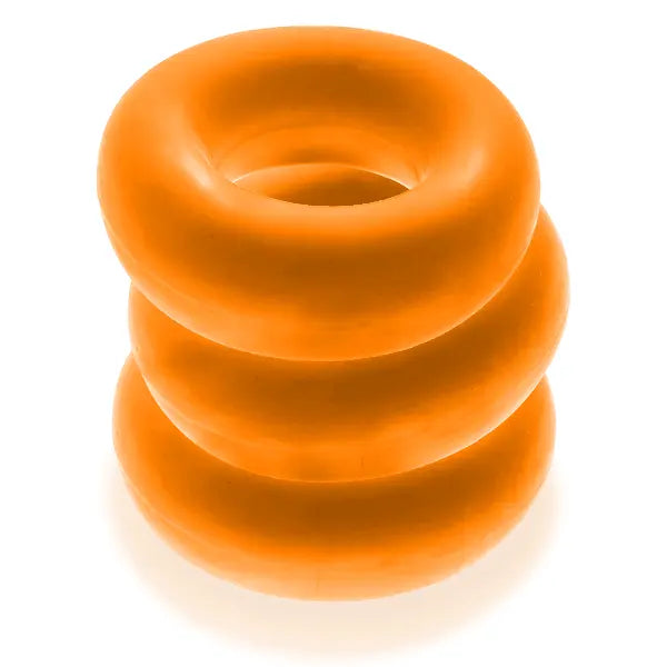 Oxballs Fat Willy jumbo cock rings stacked in a set of three, orange silicone