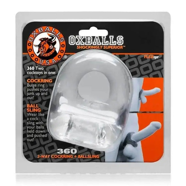 Oxballs 360 clear cock ring and ball sling in retail packaging, FLEXtpr material