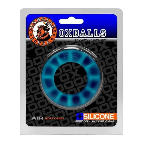 Oxballs Air Flow Cock Ring in Space Blue silicone blend, shown in retail packaging