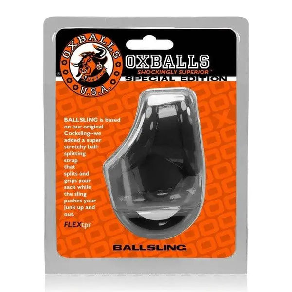 Oxballs Ballsling cock and ball ring in black FlexTPR on retail packaging