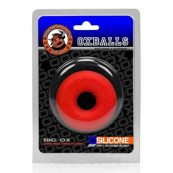 Oxballs Big Ox cock ring in red, shown in retail blister packaging with silicone blend label