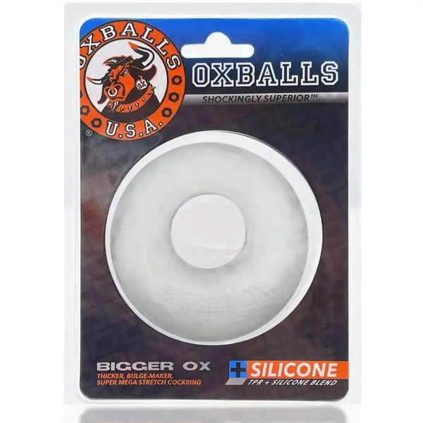 Oxballs Bigger Ox clear ice silicone cock ring in retail blister packaging