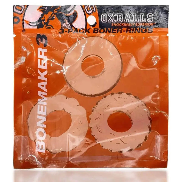 Oxballs Bonemaker 3-Pack Boner Rings in clear, shown in orange retail packaging