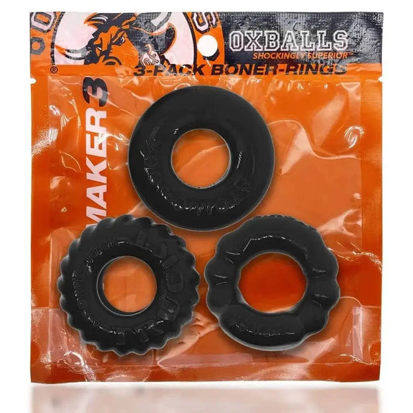 OXBALLS Bonemaker 3-Pack cock ring set in black, shown in retail packaging