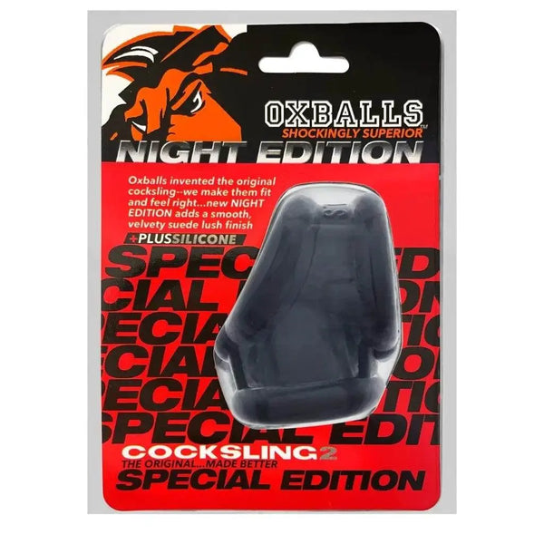 Oxballs Cocksling 2 Night Edition in smoke black silicone, shown in retail blister packaging