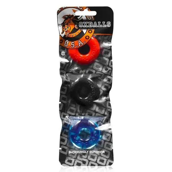 Oxballs Do-Nut Ringer 3-pack in retail packaging, showing red, black, and blue cock rings