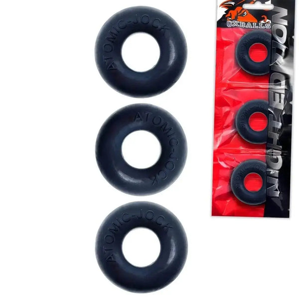 Oxballs Ringer 3-pack cock rings in night black with embossed branding, shown with retail packaging